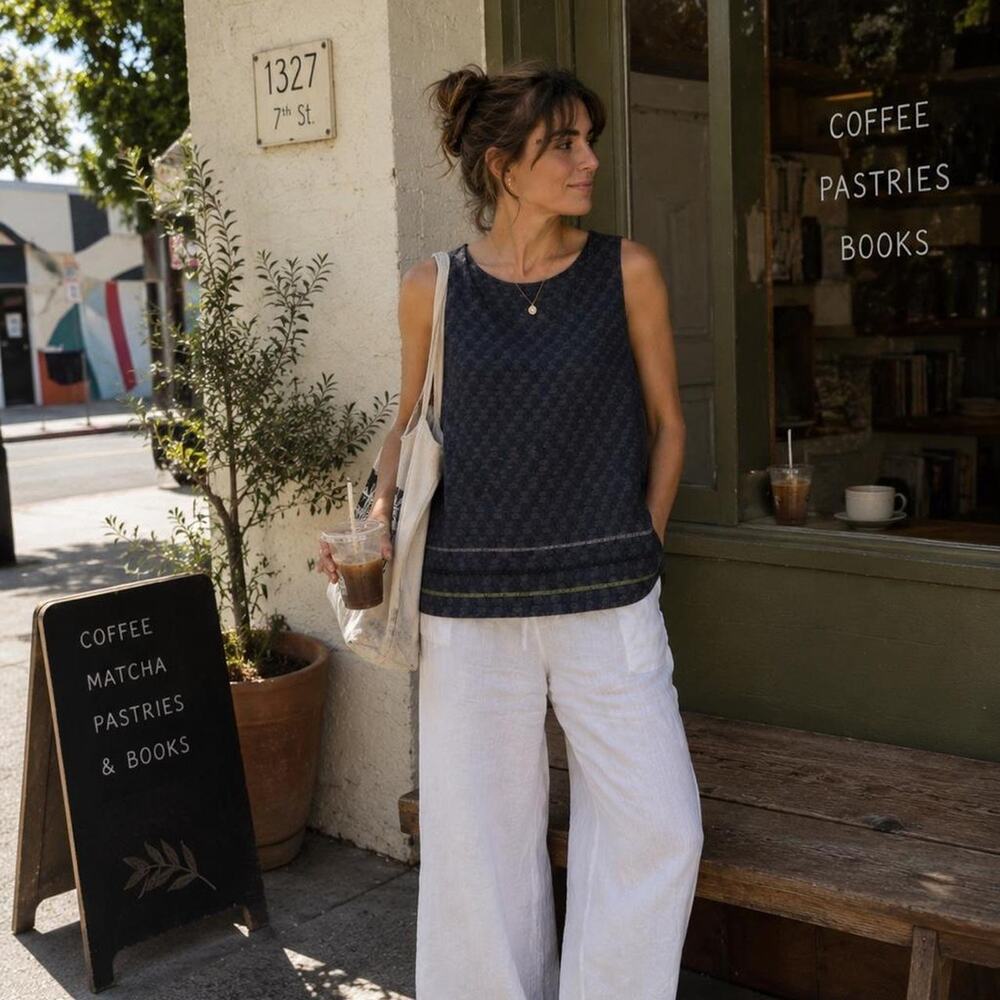 FLAX Jeanne Engelhart 100% Linen Tank Top Blue Large